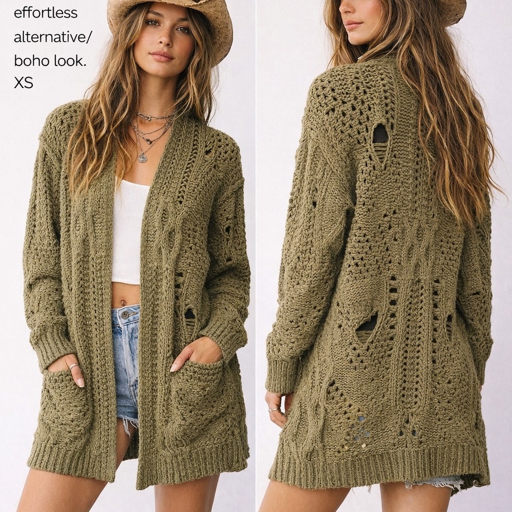 Free People Chunky Knit Cardigan – Military Green Boho Distressed Sweater XS